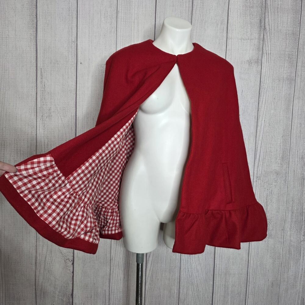 Elizabeth Wilson Red Wool Capelet Ruffle Gingham Cottagecore Fairy Cape, Small
